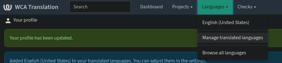 Manage languages menu
