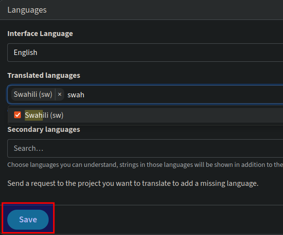 Language selection menu