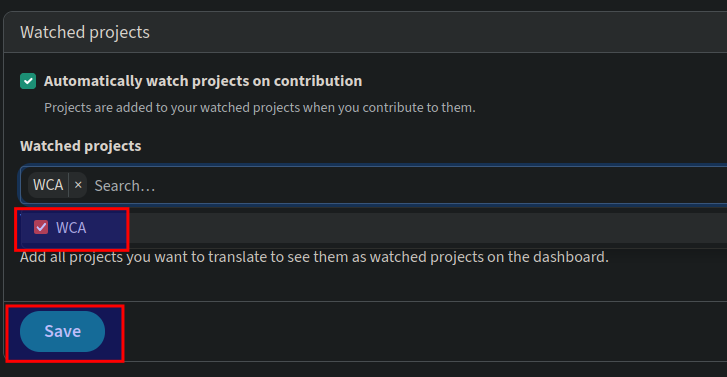 Selecting WCA project
